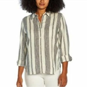 Orvis Classic Navy & White Button Down Linen Blend Blouse Size L